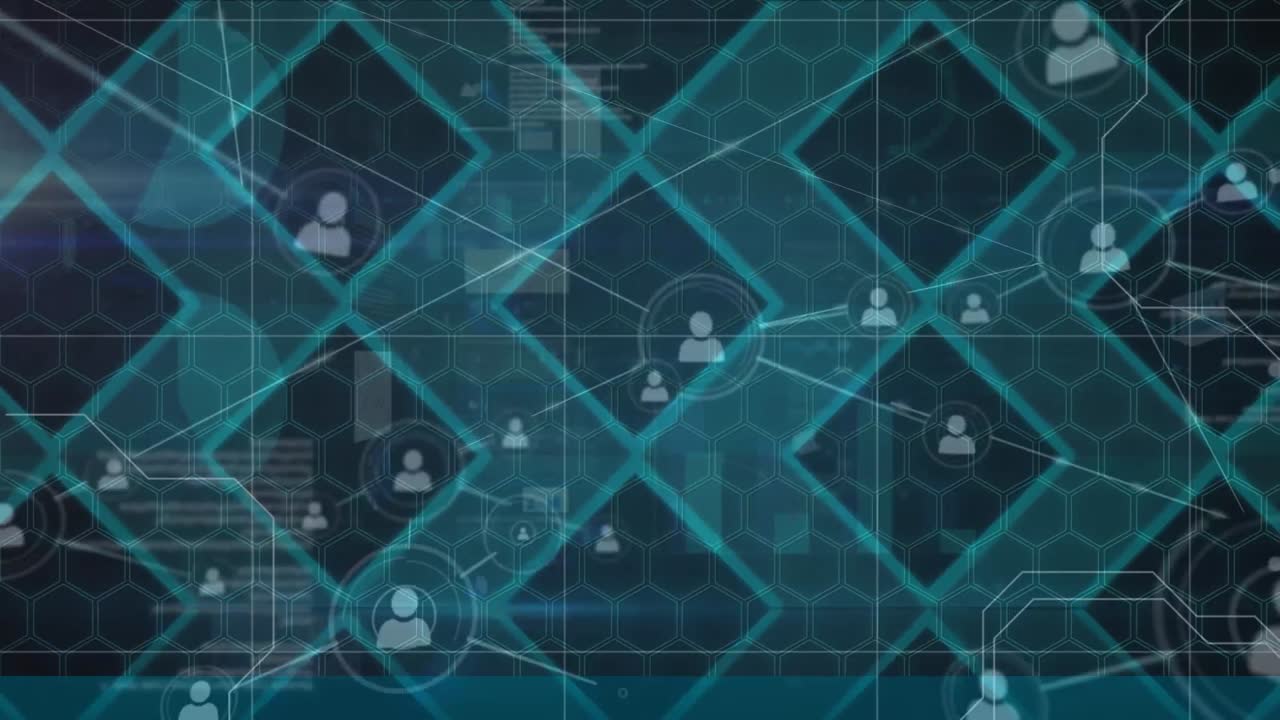 Digital animation of network of profile icons over abstract pattern design against blue background
