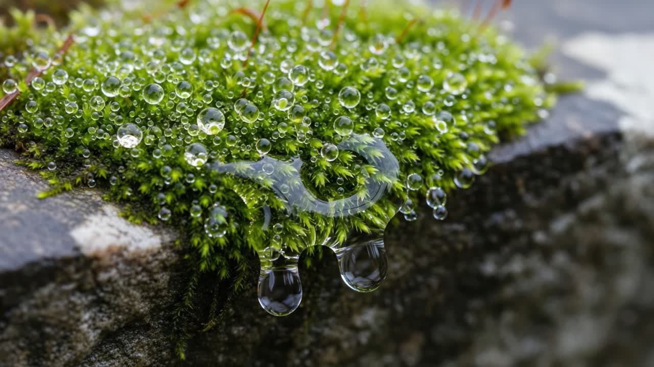 A Close-Up View of Dew Drops on Vibrant Green Moss Showcasing Nature's Beauty and Intricacies in a Serene Environment