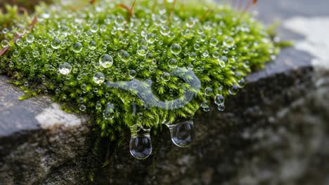 a close-up view of dew drops on vibrant green moss showcasing nature's beauty and intricacies in a serene environment