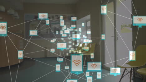 animación de la red de conexiones con íconos de computadoras y teléfonos inteligentes, procesamiento de datos a través de la escuela