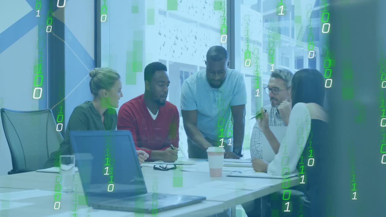 Lead leaning over table pointing docs, team showing phone, reviewing business plan under green code