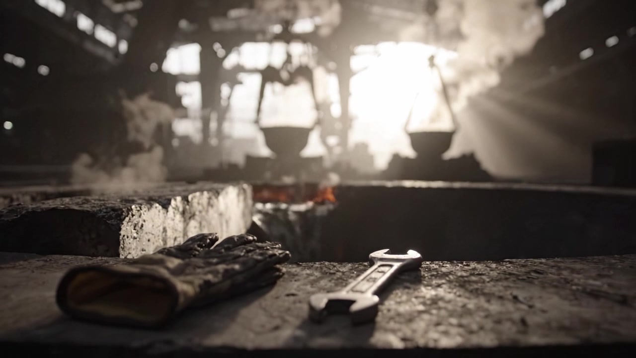 Industrial Foundry Scene: Captivating Contrast of Light and Shadow in a Metalworking Facility with Melting Furnaces and Tools Amidst Dense Smoke and Steam