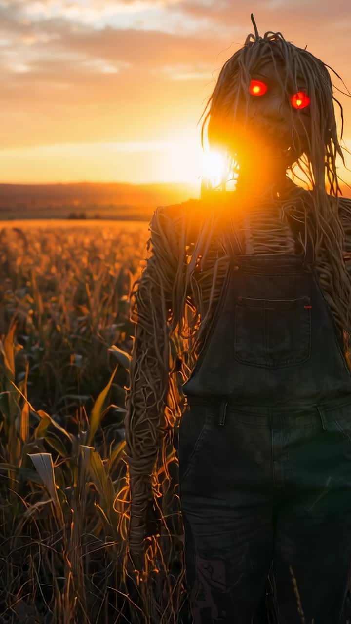 Vertical video: Sun dipping scarecrow in overalls flickering red eyes in cornfield, copy space