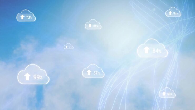 Animation of network of connections with digital clouds over blue sky and clouds