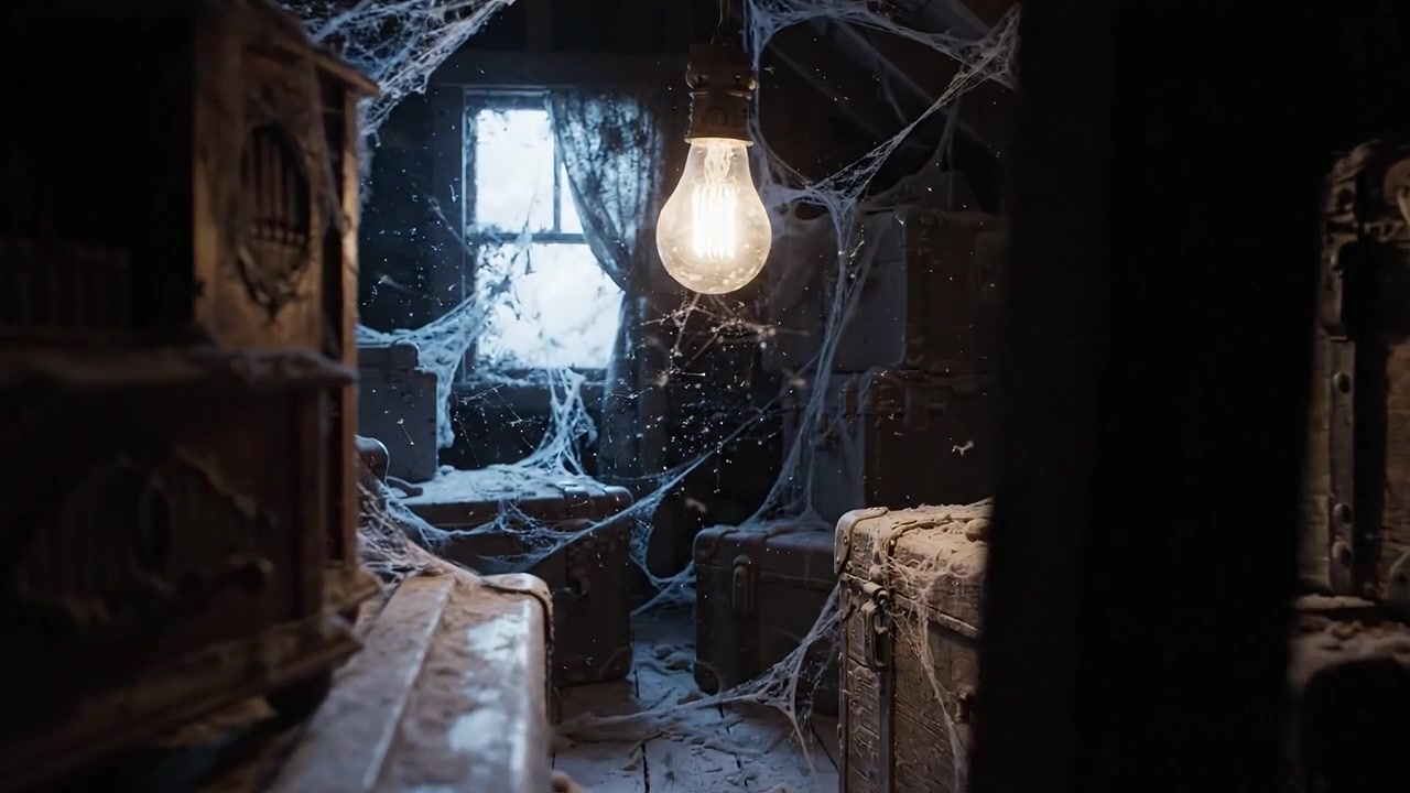 Un Ático Tenuemente Iluminado Lleno de Baúles Polvorientos y Telarañas, Evocando una Sensación de Misterio y Abandono Bajo el Resplandor de una Antigua Bombilla Colgante