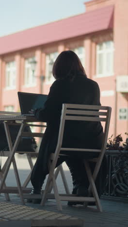 vista trasera de una mujer profesional escribiendo en una computadora portátil al aire libre en el centro comercial, vista parcial de alguien con un traje azul caminando en la distancia, rodeado de sillas de madera y plantas en maceta