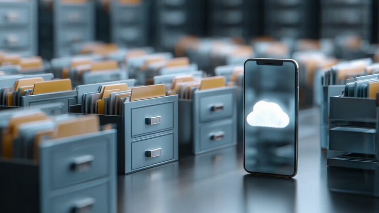 En elegant smartphone, der viser et cloud-ikon blandt rækker af arkivskabe, hvilket symboliserer krydsfeltet mellem digital teknologi og traditionel dataorganisering
