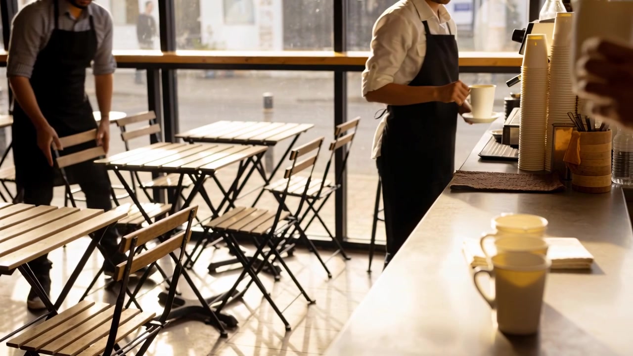 All'inizio del turno, due baristi con grembiuli sistemano i tavoli e allineano i bicchieri di carta sul bancone.