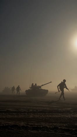 military personnel silhouetted advancing alongside armored vehicles through sandy desert terrain, creating intense cinematic composition under hazy sunlight with dramatic shadowy contrasts