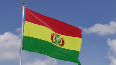 bandera de bolivia moviéndose en el viento con un cielo azul claro en el fondo, nubes moviéndose lentamente, asta de la bandera, cámara lenta