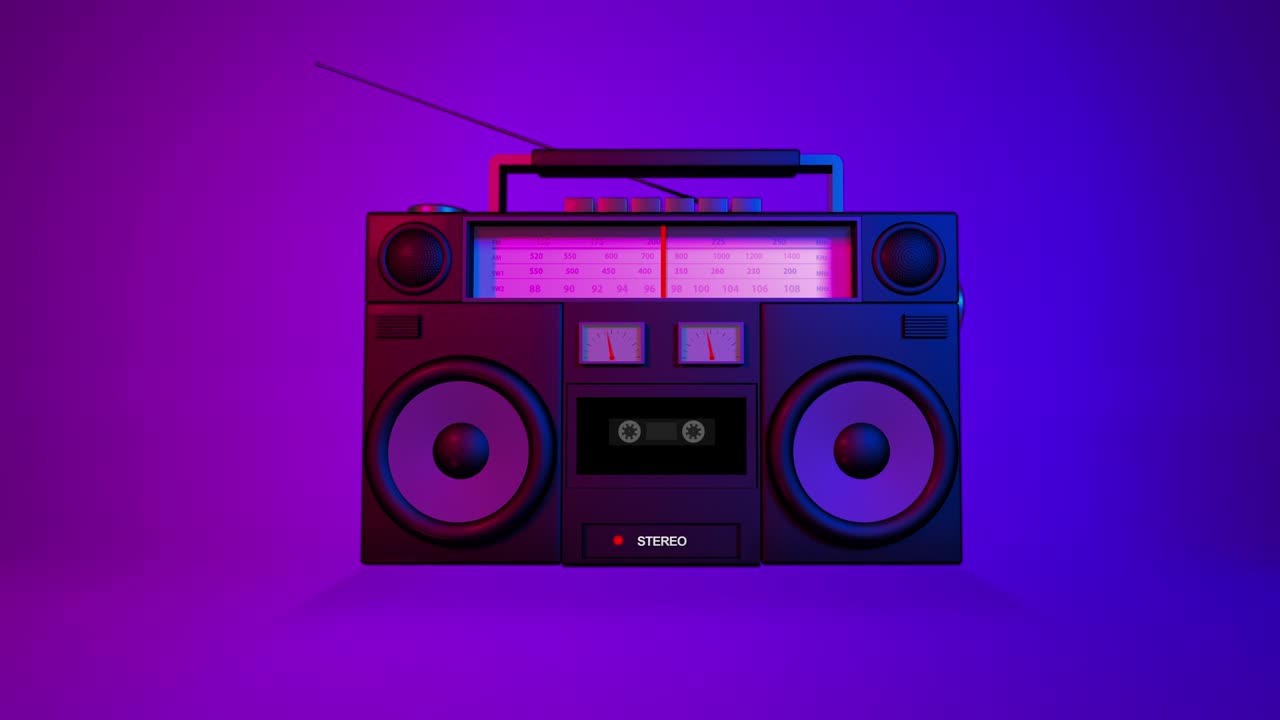 Radio realistica con altoparlante vibrante e animazione di una cassetta in riproduzione