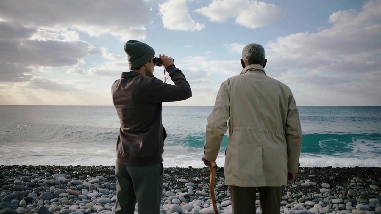 Alzando il binocolo, uomo con berretto che scruta il mare sulla riva, anziano con bastone in impermeabile