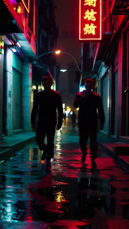 two people walking down a night alley in a city