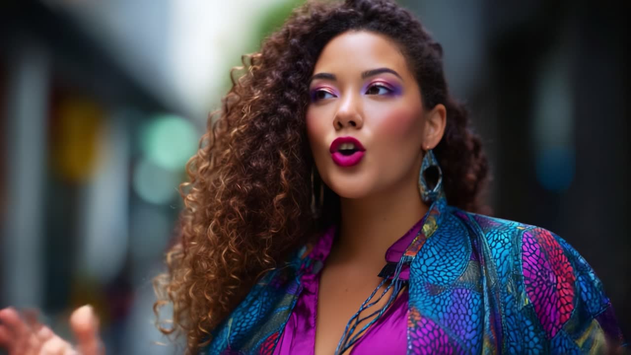 Captivating Portrait of a Confident Woman in Vibrant Fashion, Showcasing Stunning Makeup and Curls in a Lively Urban Setting Amid Soft Lighting