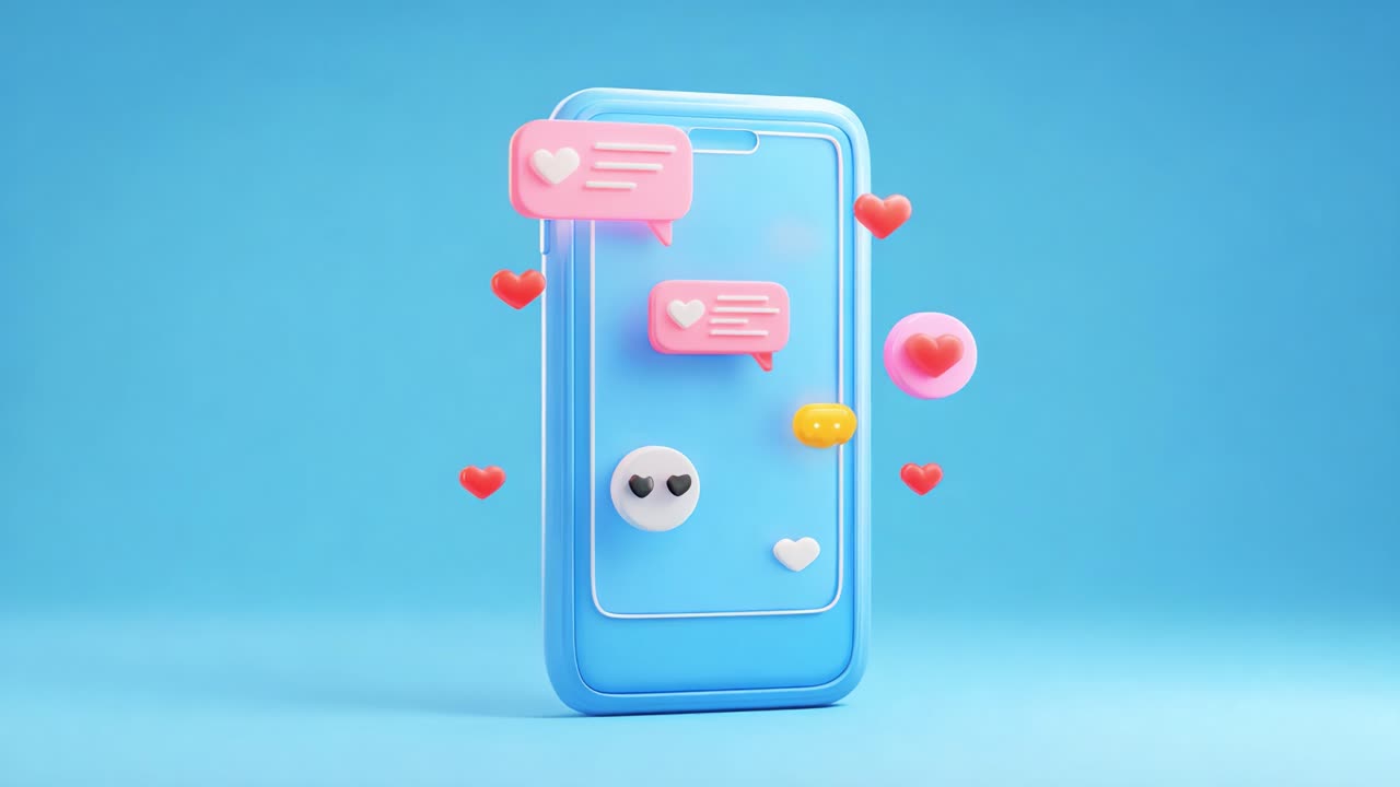 A Vibrant Blue Smartphone Surrounded by Floating Hearts and Message Icons, Symbolizing Digital Communication and Online Connections in the Modern World of Social Media Interactions
