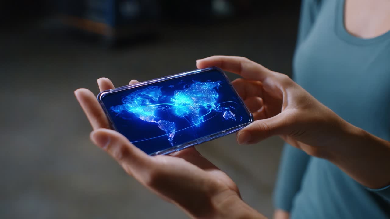 A person holding a smartphone displays a vibrant blue digital map of a connected world, showcasing intricate data visualizations and glowing network lines that reflect technological advancement and connectivity