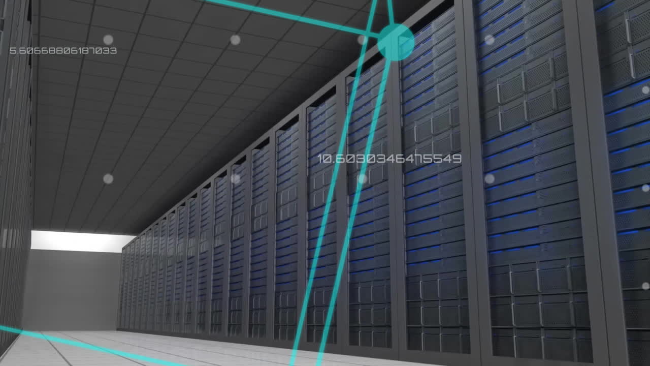 Data processing animation over rows of servers in modern data center