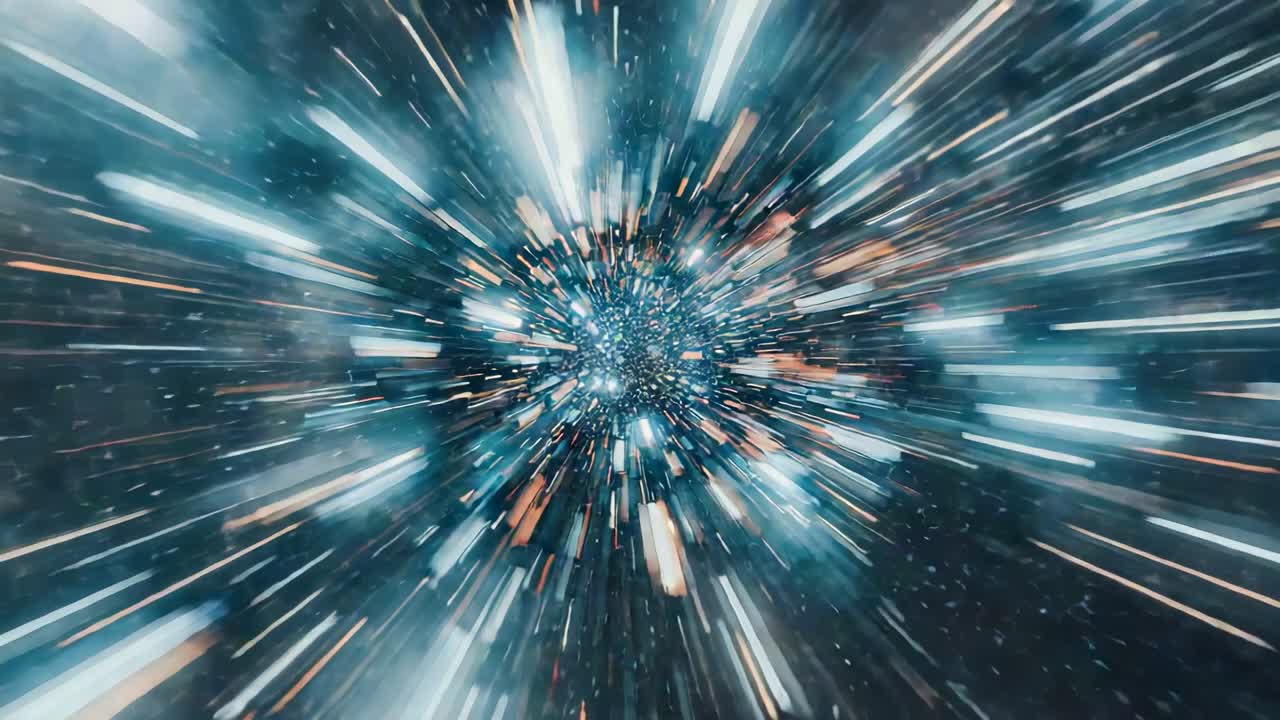 Starting glowing cluster radiating light streaks in space for warp travel with drifting particles