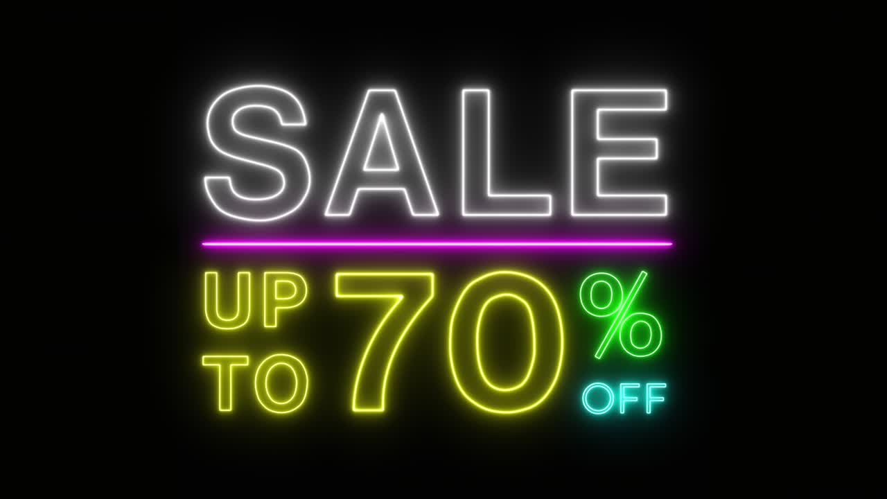 Flashing of sale up to percent off colorful neon blaze sign motion banner in black background for promote video. concept of promotion brand sale series 10-90%