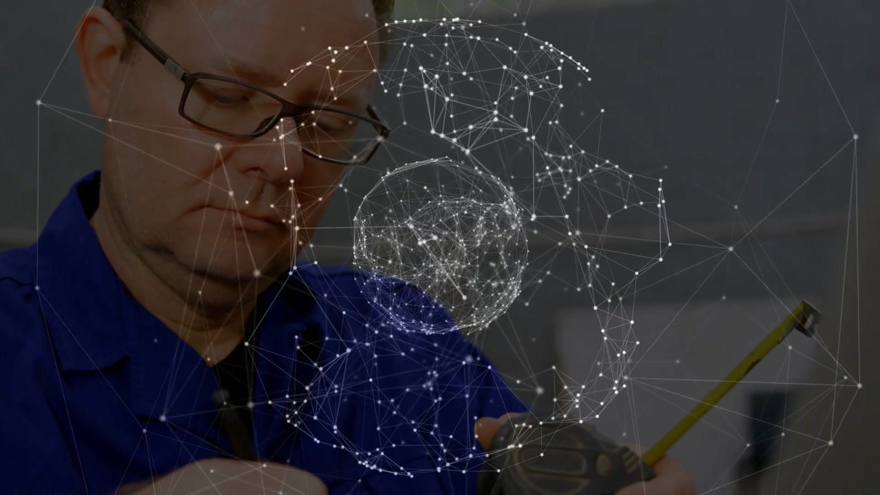 Man Working with Measuring Tape and Digital Network Overlay