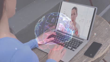 cerebro humano girando contra una mujer que tiene una videollamada en una computadora portátil en casa