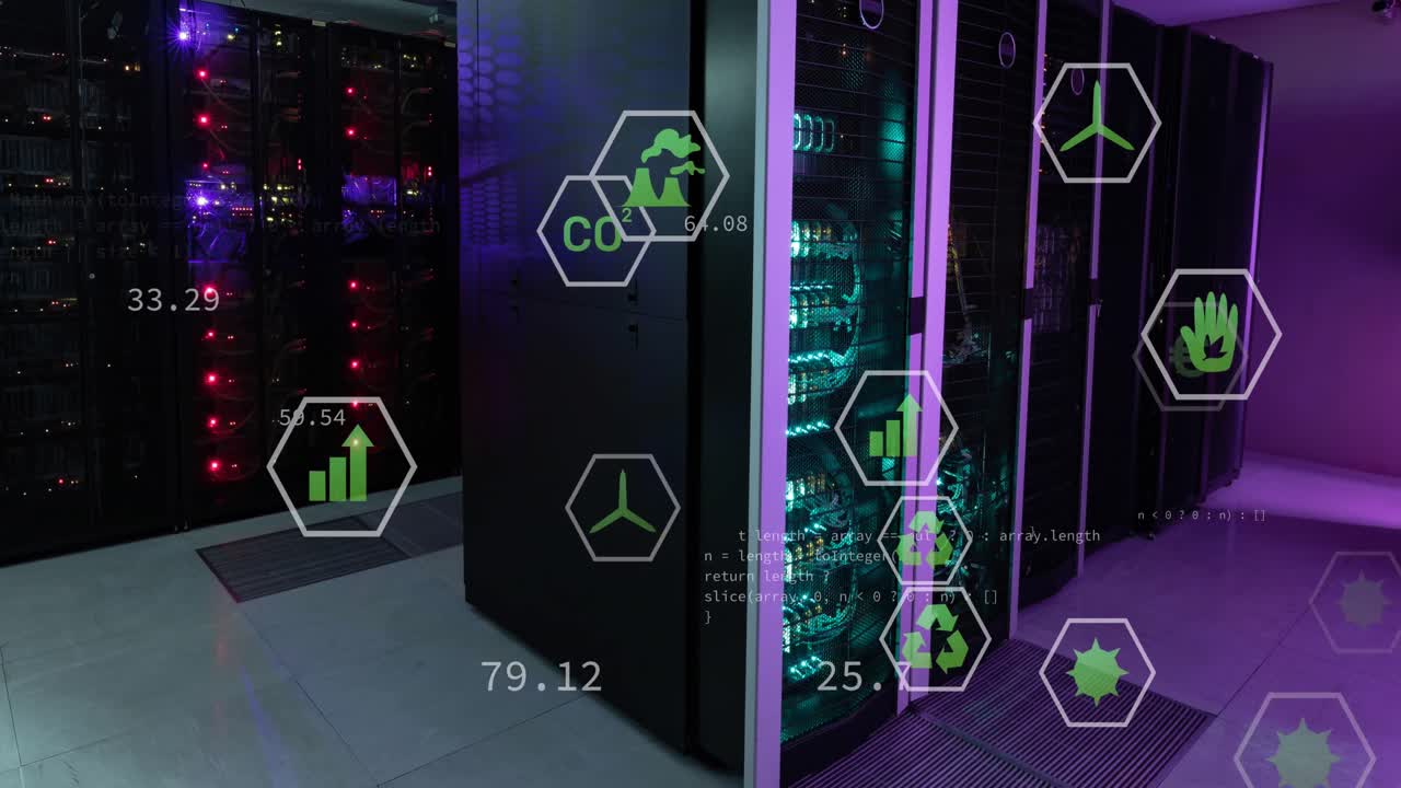 animación del procesamiento de datos con iconos sobre la sala del servidor