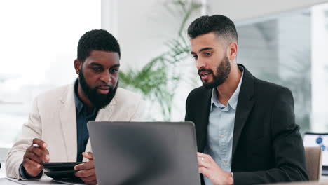 teamwork, laptop and business people in office
