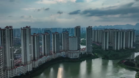 aerial scenery of city scenery modern office business building financial center tall buildings skyscrapers real estate, residential apartment home near river and bridge