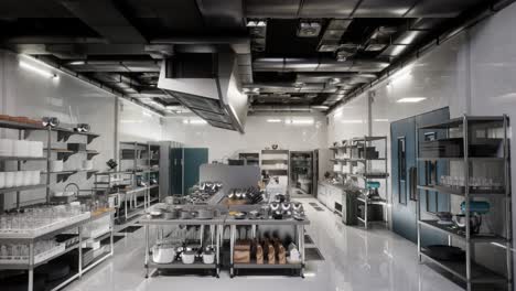 professional kitchen , view counter in stainless steel