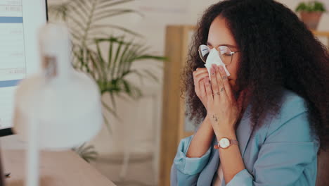 businesswoman, sick and blowing nose with cold