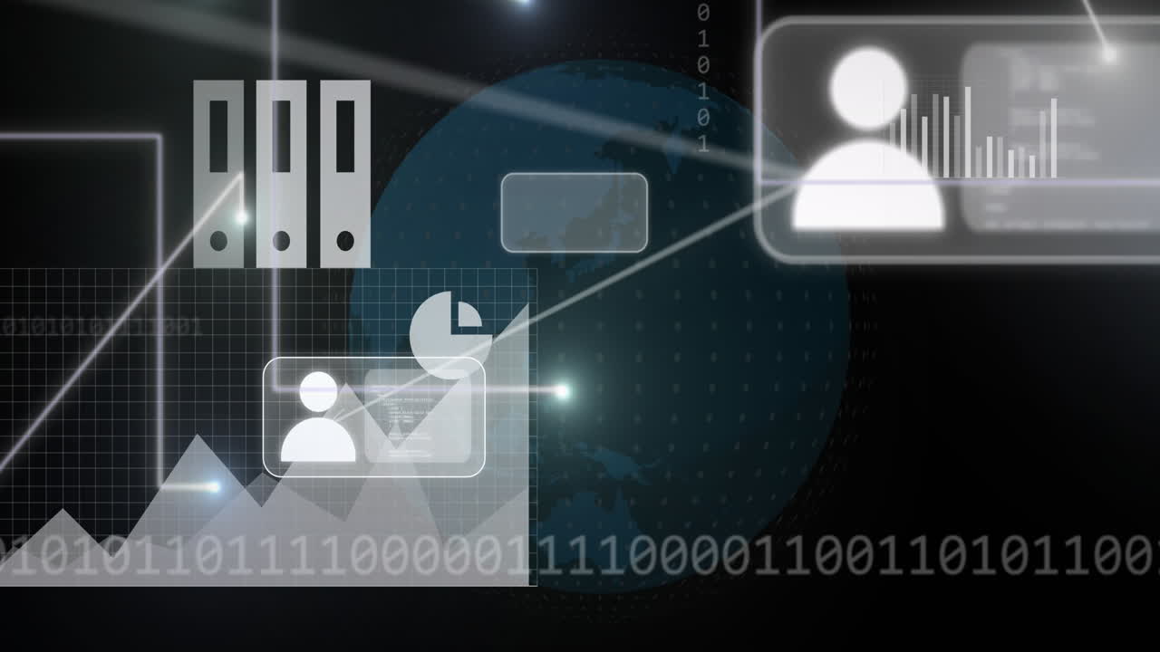 Animation of globe with icons and binary coding data processing