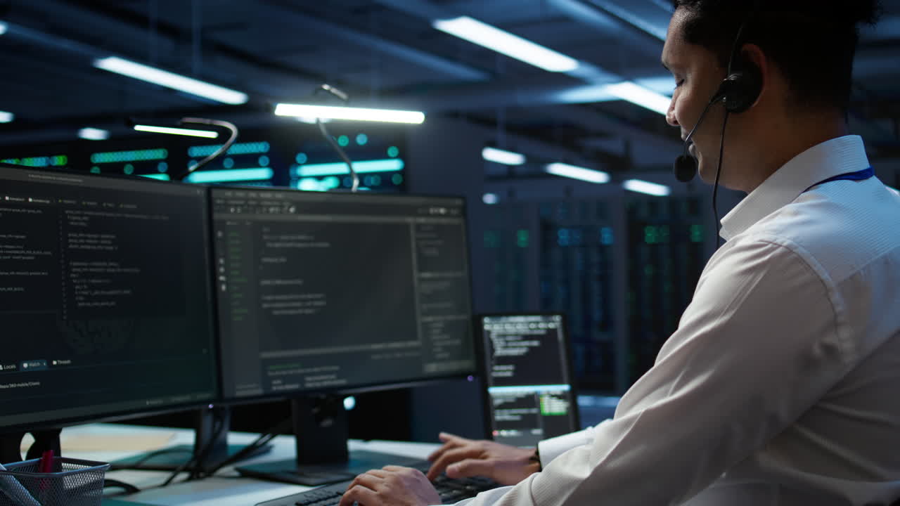 Close up shot of server hub staff member communicating with repairmen