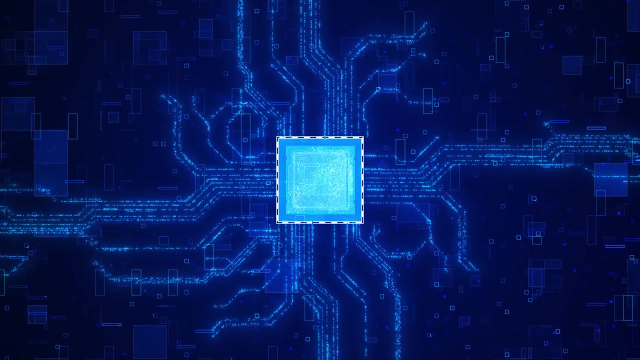 Blue circuit chip processor background glowing electronic paths central microchip dotted nodes dark