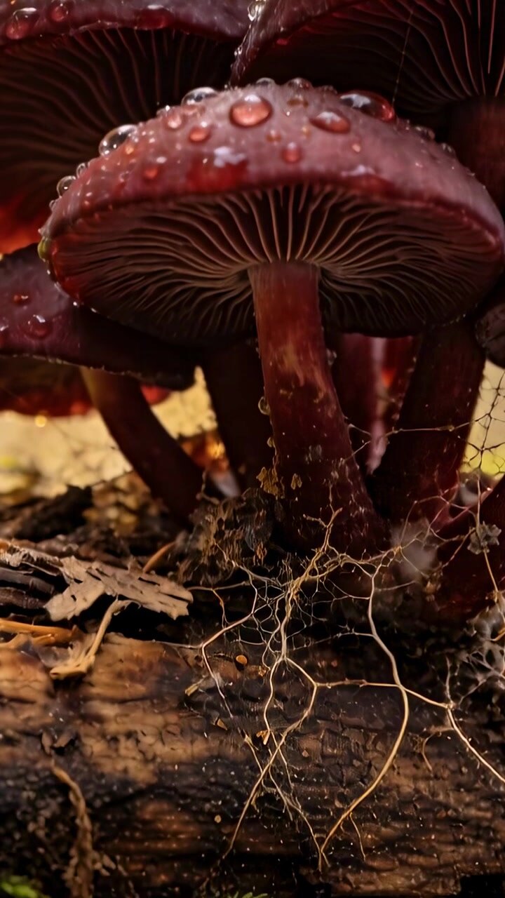 Vertical video: Camera panning from cap base, showing red fungi, gills, stems on rotting log, dew