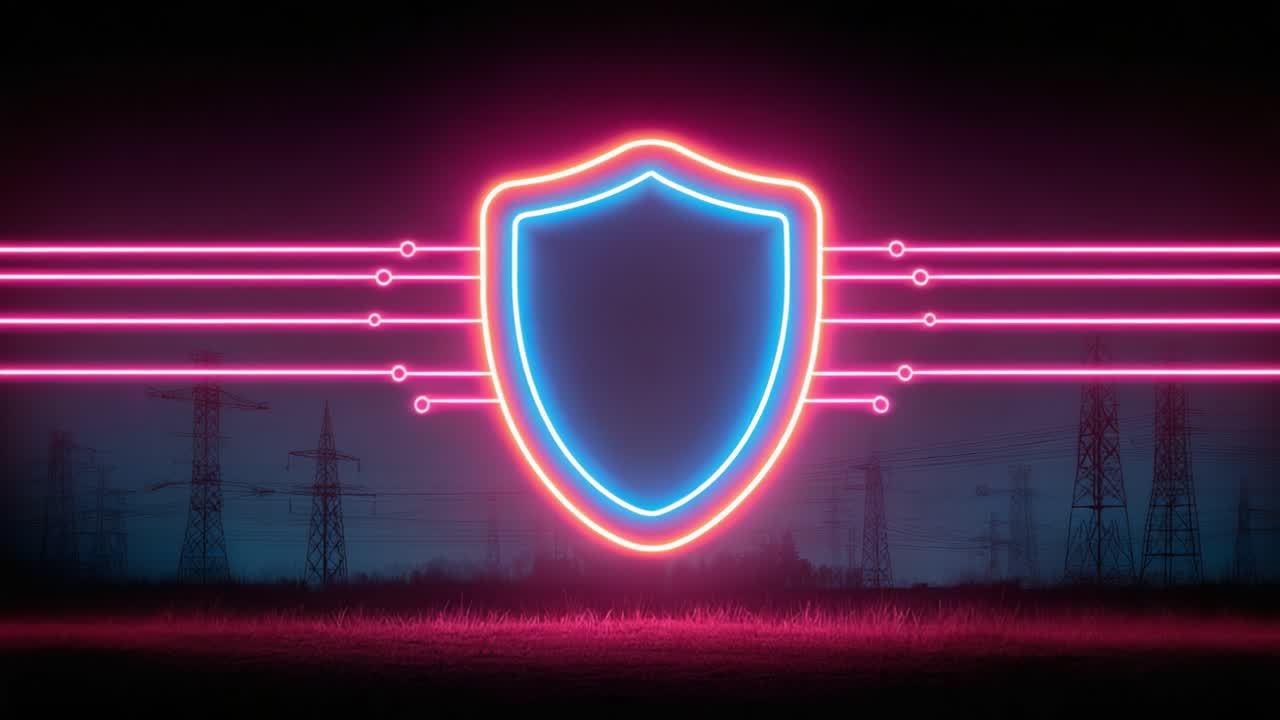 A Bold Neon Shield: Symbolizing Protection and Security Amidst Energy Infrastructure, Representing Trust in a Digital Age of Continuous Connectivity and Safety