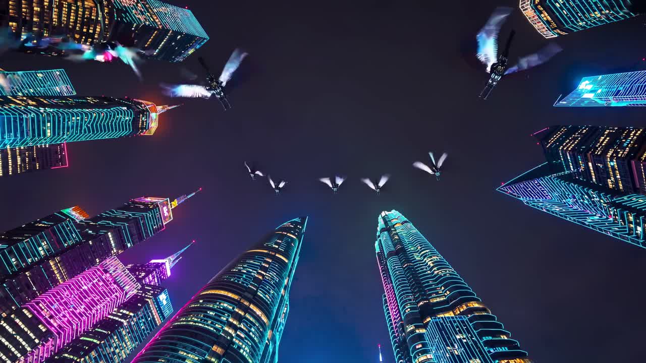 夜の都市風景 照らされた摩天楼と飛ぶドローン