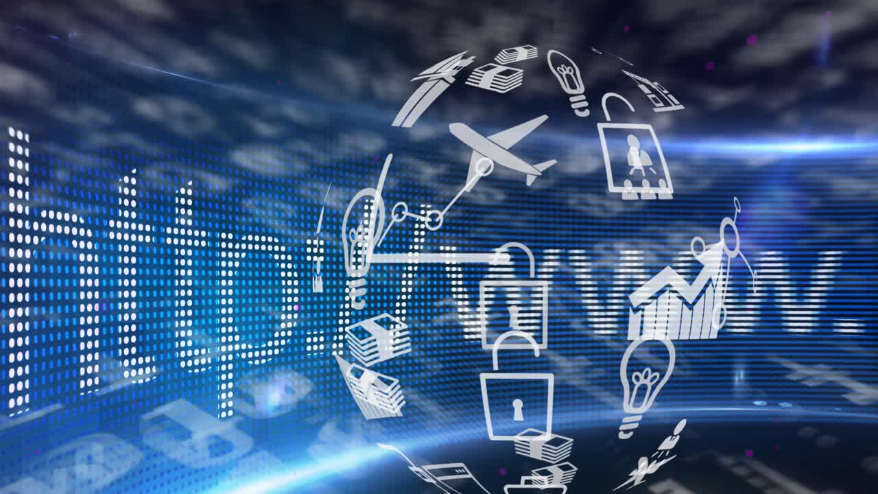 검은색 배경 위에 떨어지는 소셜 미디어 아이콘과 숫자의 애니메이션