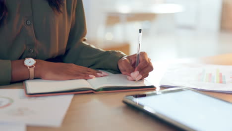 notebook, planning and writing of woman hands