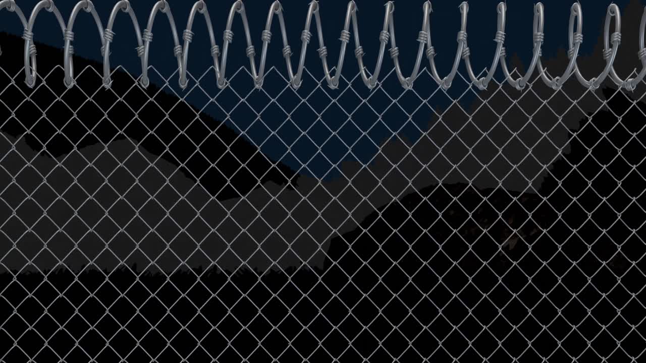 Animation of fence with barbed wire over view of mountains