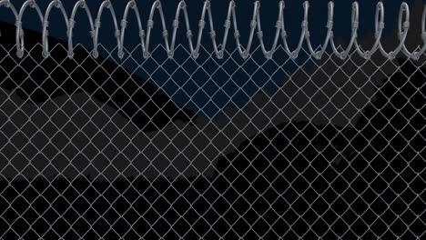 animation of fence with barbed wire over view of mountains