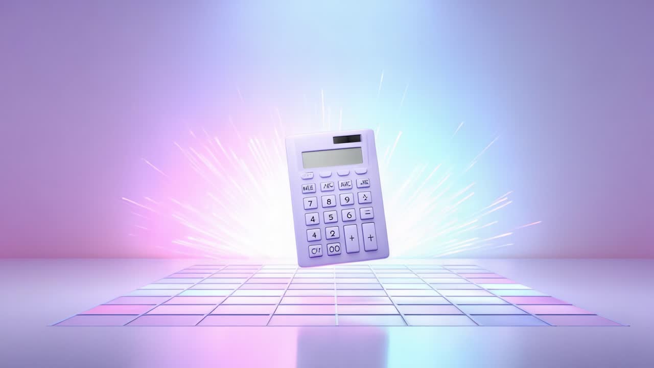 Digital calculator levitating and rotating over a glowing disco dance floor. This conceptual animation represents creative accounting, financial innovation, and modern business calculation