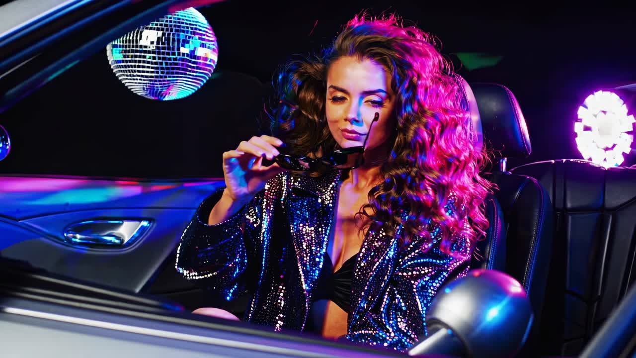 mujer en un coche, estilo fiesta discoteca