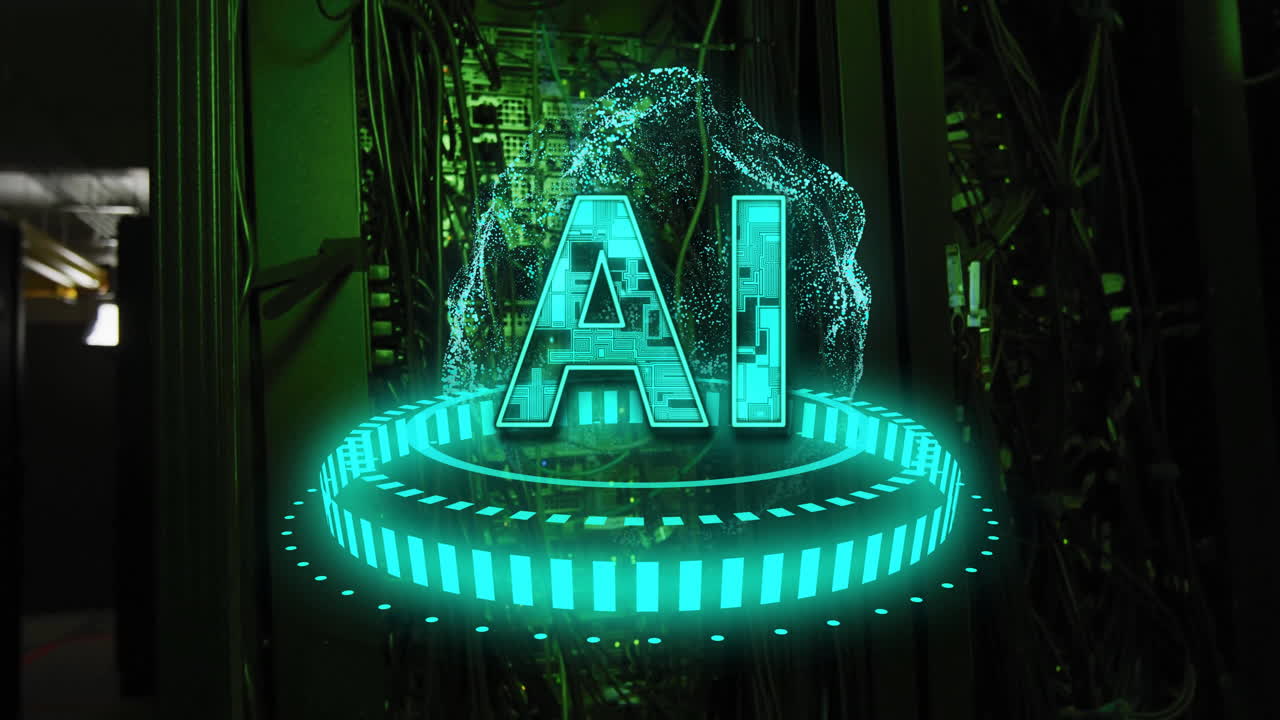 animación de texto sobre interfaz digital futurista en la sala del servidor