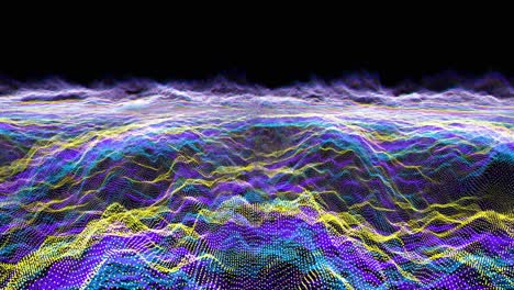 Futuristic abstract purple violet glow yellow blue fly over waveform sound audio music ball oscillation, visualization wave technology digital surface