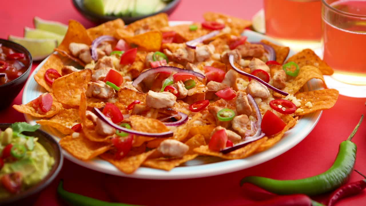 un plato de deliciosos nachos de tortilla con salsa de queso derretido pollo a la parrilla