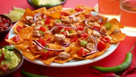 a plate of delicious tortilla nachos with melted cheese sauce  grilled chicken