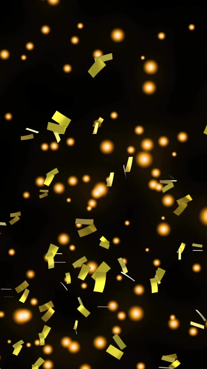 Coriandoli dorati e punti luminosi in movimento su sfondo nero