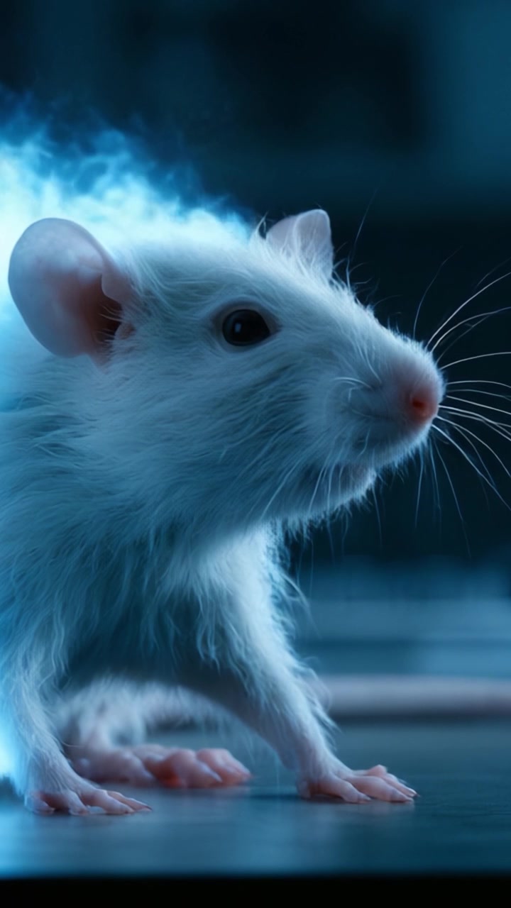 Uno Sguardo Ravvicinato a un Topo Bianco Illuminato in Modo Unico, Circondato da un Bagliore Etereo Blu, Catturato con un'Illuminazione Drammatica per Evidenziare le Sue Caratteristiche ed Espressioni