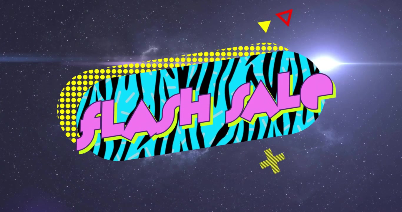 Banner ovalado con estampado de cebra que muestra un llamativo texto rosa de VENTA RELÁMPAGO flotando sobre un fondo cósmico.