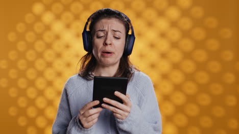 voice actor frowns while reading ebook, portraying character, studio background